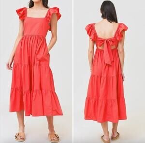 Oliphant Medium 100% Cotton Vacation Red Coral Tiered Luxury Midi Dressi Dress